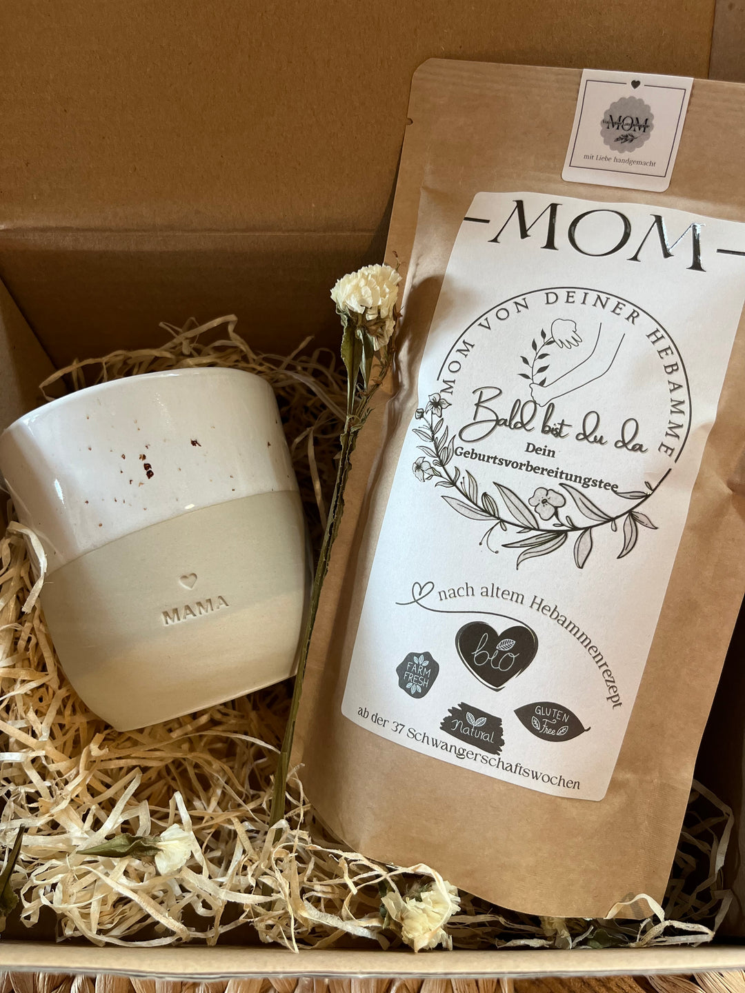 Geburtsvorbereitungsset : Geburtsvorbereitungstee Bald bist du da und Mama- Becher von Eulenschnitt & Überraschung
