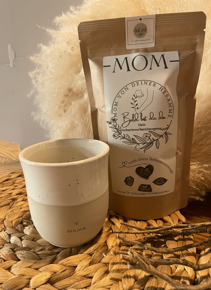 Geburtsvorbereitungsset : Geburtsvorbereitungstee Bald bist du da und Mama- Becher von Eulenschnitt & Überraschung
